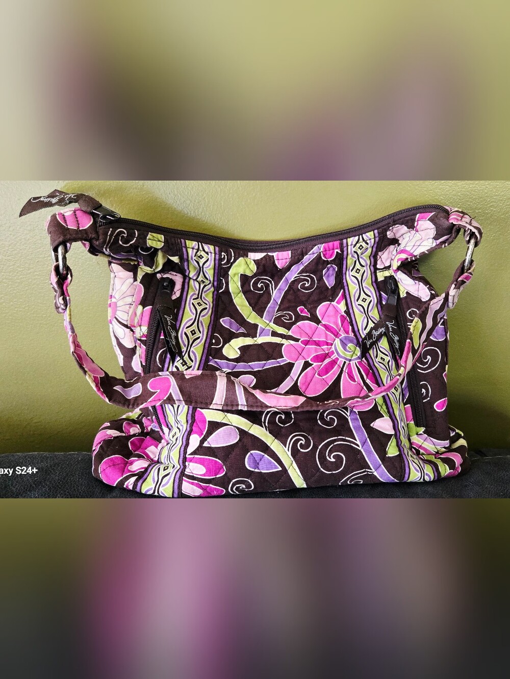 Vera Bradley Brown Floral Quilted Shoulder Bag with Pink & Green Accents